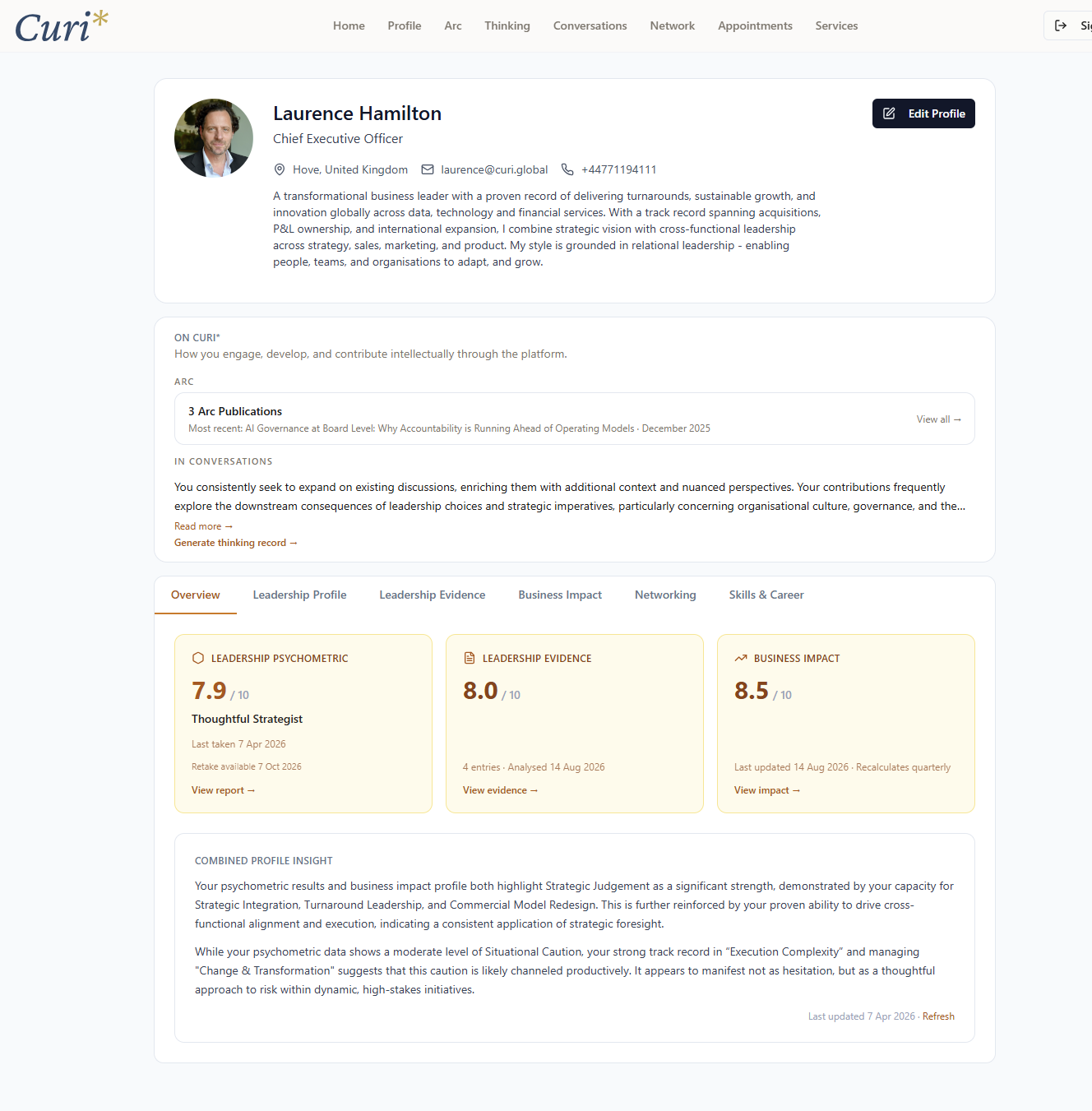 A working Curi profile bringing together professional identity, contribution, evidence and impact